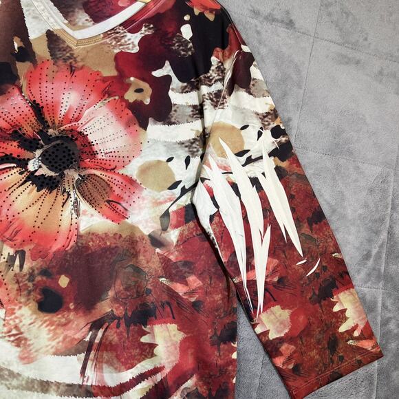 Jess Jane Top 2X Red Floral Sparkle Bling Micro Fiber Art to Wear Stretchy USA - Picture 5 of 11